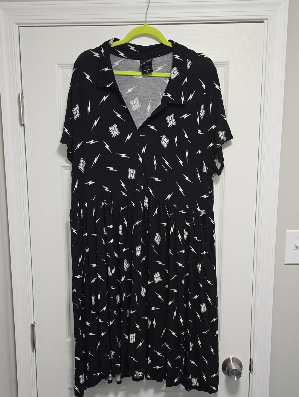 Harry Potter Black Button-Front Midi Dress with White Lightning & Logo Print